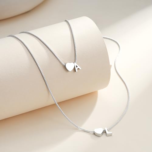 Eaciy Gold Heart Initial Necklaces for Women Teen Girl Gifts Trendy Stuff | 18K Gold Plated Letter A-Z Heart Initial Necklaces for Women Teen Girl Gifts Trendy Stuff Birthday Gifts for Girls Jewelry - color: Silver