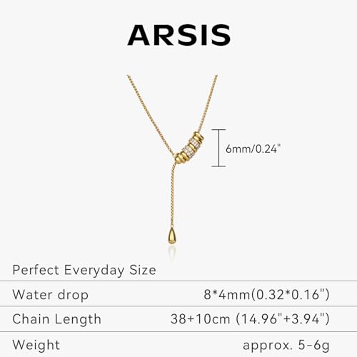 ARSIS Lariat Long Gold Necklace for Women, 18K Gold/Platinum Plated Y-Shaped Drop Dangle Pendant Necklace, Long Adjustable Pull Slider Chain Jewelry Gift for Her - color: Gold-teardrop slider
