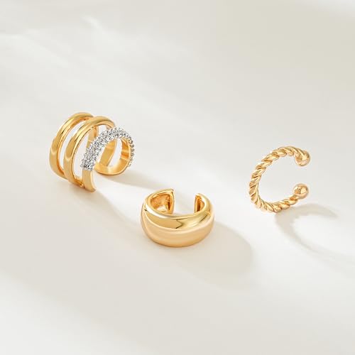 MEVECCO Ear Cuffs Non Piercing 18K Gold Plated Ear Cuff Earring Sets Clip on Cartilage Cubic Zirconia Pearl Minimalist Hypoallergenic Fake Hoop Earrings Stack Women Gifts - style: 3pcs-Tripe