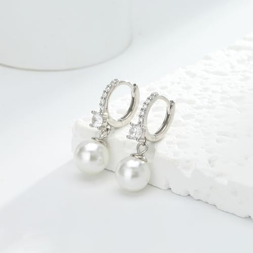 Long Pearl Earrings for Women 925 Sterling Silver Dangle Earrings | Hypoallergenic Dainty Dangle Drop Earrings, Elegant Pearl Jewelry for Bridal, Mother's Day Anniversary Birthday Jewelry Gift - color: Sliver CZ