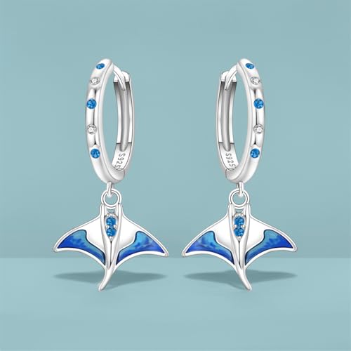 925 Sterling Silver Hoop Earrings Drop Dangle Earrings for Women Hypoallergenic Earring Trendy Huggie Earring Cute Graduation Birthday Gifts Jewelry for Women - color: Blue Manta Ray earrings