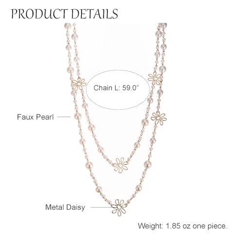 Simulated Pearl Strand Layered Necklace for Women, Multi Strand Long Necklace, Dainty Sweater Necklace for Party Costume Jewelry - style: Daisy