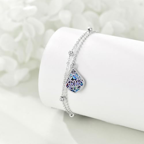 POPLYKE 925 Sterling Silver Double Layered Chain Evil Eye Daisy Sunflower Butterfly Anklets for Women Holiday Beach Crystal Ankle Bracelet Dainty Evil Eye Jewelry - style: Abalone Lotus Anklet