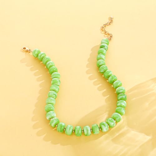 Beaded necklace for Women Boho Bead Gemstone Chunky Necklace Big Bead Necklace Fashion Trendy Summer Necklaces Jewelry Gifts - color: Olive Green Beaded