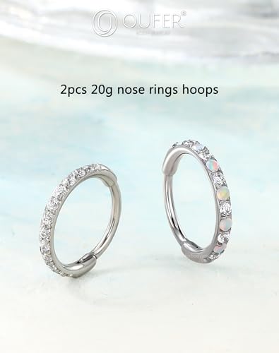 OUFER Turquoise CZ Opal Nose Rings for Women, 316L Surgical Steel 6MM Nose Rings Hoops, Silver Hinged Segment Septum Lip Eyebrow Cartilage Conch Rook Helix Tragus Daith Piercing Jewelry-6/7/8MM - color: Silver, Opal and CZ