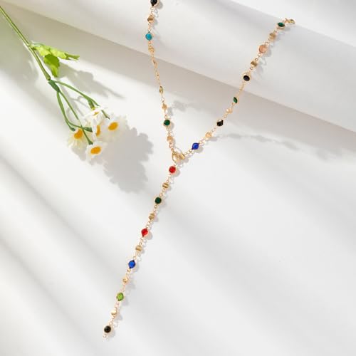 Colorful Crystal Long Necklace for Women Dainty Boho Y-Shaped Color Bead Necklaces Sparkly Rhinestone Pendant Layered Gold Long Chain Choker Good Luck Trend Jewelry Gift Jewelry - color: Gold