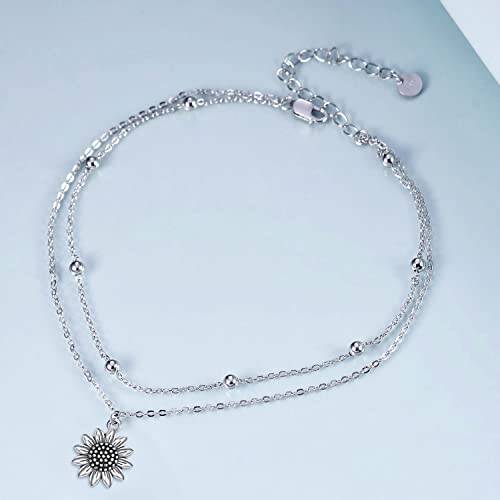 POPLYKE 925 Sterling Silver Double Layered Chain Evil Eye Daisy Sunflower Butterfly Anklets for Women Holiday Beach Crystal Ankle Bracelet Dainty Evil Eye Jewelry - style: Antiqued Sunflower Anklet