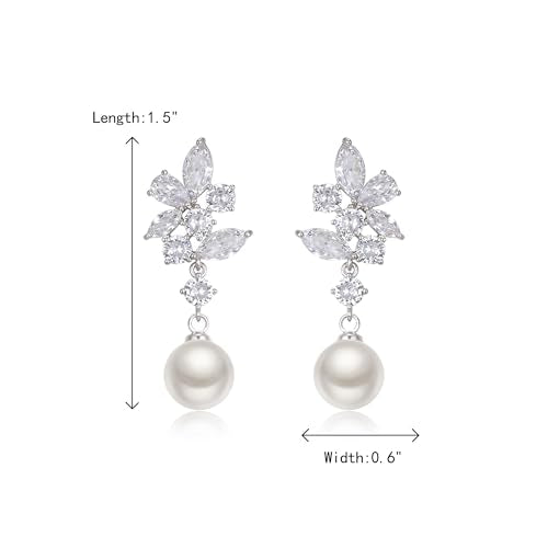 Crysdue Simulated Pearl Earrings for Women, Dainty Silver/Gold/Rose Gold Plated Cubic Zirconia Drop Dangle Earrings Wedding Jewelry for Bride Bridesmaid - style: A- CZ+pearl, silver