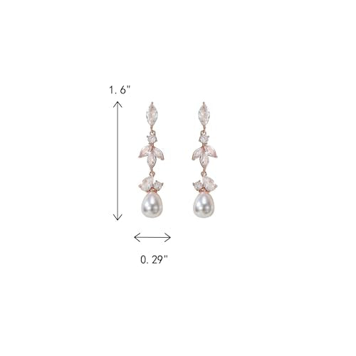 Crysdue Simulated Pearl Earrings for Women, Dainty Silver/Gold/Rose Gold Plated Cubic Zirconia Drop Dangle Earrings Wedding Jewelry for Bride Bridesmaid - style: K_CZ+ pearl, Rose Gold