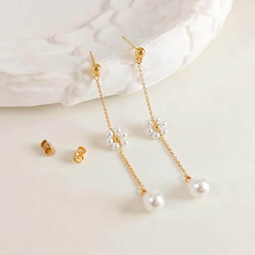 Pearl Earrings for Women 14k Gold/Silver Pearl Drop Earrings Long White Pearl Tassel Dangle Statement Earrings Bridal Wedding Dainty Prom Earrings Birthday Gifts Jewelry - color: Gold Daisy Pearl Drop Earrings