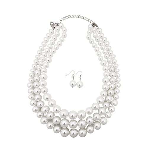 Fashion 21 Women's Faux Pearl Three Multi-Strand Statement Necklace and Earrings Set - color: White