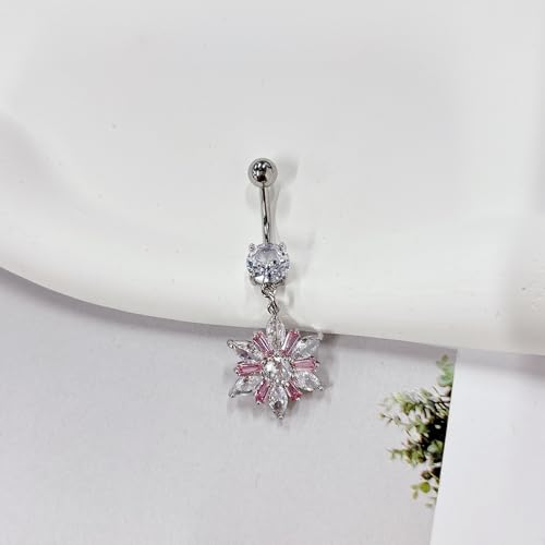 14G Dainty Rhinestone Flower Dangle Navel Ring for Women Fashion Statement Snowflake Crystal Drop Belly Button Rings Sparkly CZ Barbell Stud Sexy Body Piercing Jewelry - color: Silver
