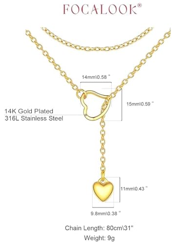 FOCALOOK Heart Lariat Necklaces for Women, Long Slip Chain Necklace | Hypoallergenic 316L Stainless Steel Silver/Black/Gold Plated, Front Slider Closure, Non Tarnish, Layered look, Everyday Wear - color: 06:Gold Heart-Custom