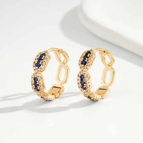 Huggie Hoop Earrings 14K Gold Plated Cubic Zirconia Dainty Simple Cute Beads Elegant CZ Circle Small Hoop Earring for Women Minimalist Handmade Hypoallergenic Jewelry - color: CZ-Blue