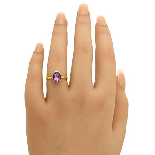 18K Gold Filled Non-Tarnish Ring for Women – Oval Multi Gemstone Solitaire Band – Classic Birthstone Jewelry for Everyday Wear - color: Amethyst