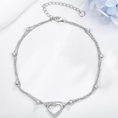 POPLYKE 925 Sterling Silver Double Layered Chain Evil Eye Daisy Sunflower Butterfly Anklets for Women Holiday Beach Crystal Ankle Bracelet Dainty Evil Eye Jewelry - style: Heart Anklet
