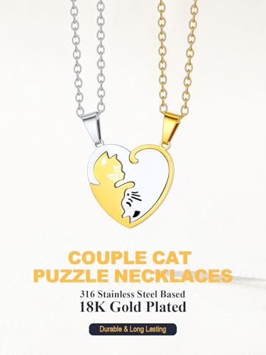 U7 Cat Pendant Necklace for Women Stainless Steel Cute Kitty Cat Jewelry Gift - style: 03-Heart Cat Set-Steel+Gold