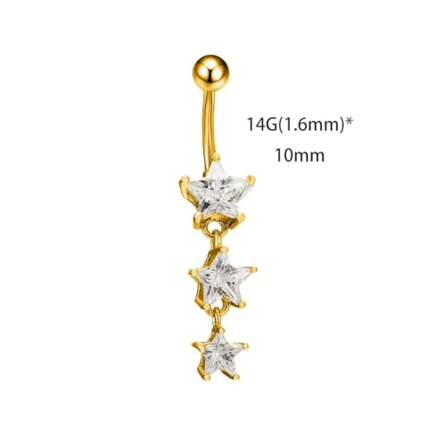 14G Surgical Steel Star Dangle Belly Button Rings for Women Sparkling Cubic Zirconia Crystal Star Belly Navel Curved Barbell Ring Navel Piercing Jewelry - color: Gold