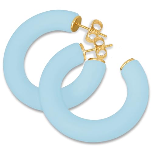 Gold Plated Multicolor Resin Chunky Thick Open Hoop Earrings in 57MM and 37.5MM Diameters - color: Blue - Baby Blue - Matte Finish, size: 37.5MM (1.48") Diameter