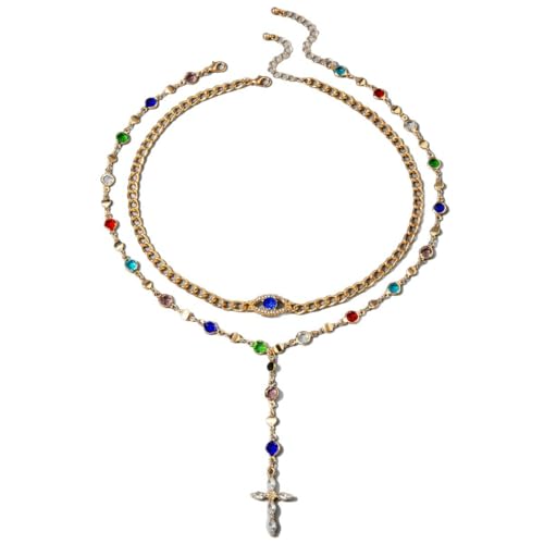Layered Necklace for Women Double Layered Gold Necklace Snake Chain Simple Fashionable Versatile Jewelry Gift - color: Colorful Stacked Cross Necklace