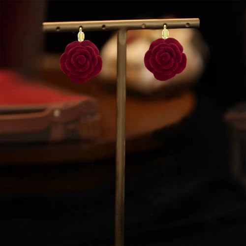 Handmade Bohemian Aesthetic Dainty Acrylic Flower Petal Leverback Earrings Sparkly 14K Gold Floral Dangle Drop Earrings for Women - color: Wine Red