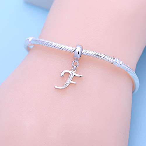 925 Sterling Silver Charms Alphabet Beads fit Pandora Charm Bracelets A-Z Letter Initial Spacer Dangle Clear CZ Stone Authentic for Snake Chain Bracelets - color: F