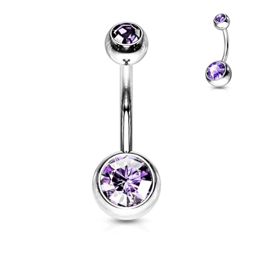 Belly Button Piercing Ring 14 Gauge Surgical Steel - color: Double LIGHT PURPLE CZ gem