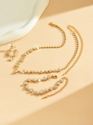 Wedding Jewelry Sets for Brides Rhinestone Necklace and Earring Set Bracelet Ring Gold Silver Prom Jewelry Sets Diamond Flower Teardrop Necklace for Women - color: Style1-Gold-4pcs Wide