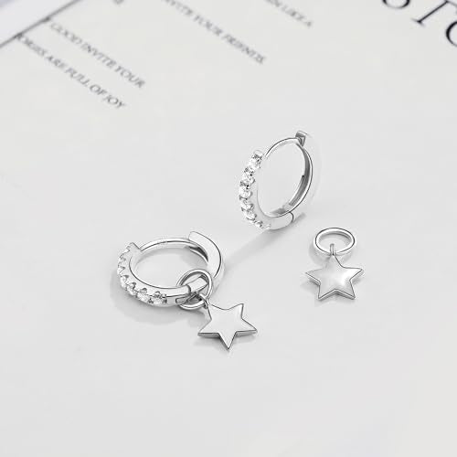 DAILY VIBES Cute Butterfly Star Cross Heart CZ Dangle Earrings for Women | 925 Sterling Silver Post, 14K Gold or Silver Plated, Mini Cubic Zirconia Dainty Drop, Cartilage Small Huggie Hoop Earrings - color: Silver Mini Star