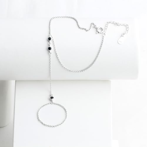 Kakikaki 925 Sterling Silver Finger Ring Bracelet Hand Chain for Women | Slave Bracelets 7" to 9" Adjustable - color: Silver, style: 3 Black