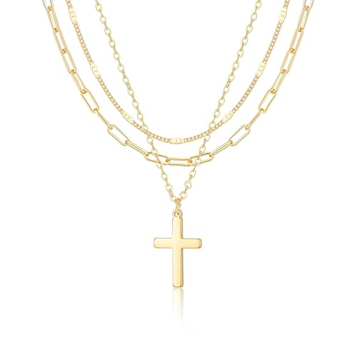 Gold Necklace for Women 14K Gold Plated Layered Cross Bar Necklace Herringbone Figaro Paperclip Flat Chain Cute Charm Accessories Non Tarnish Jewelry Set Gifts for Women - style: R-NK-07-Big cross-GD