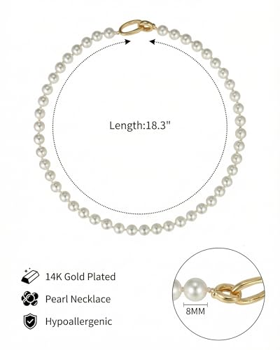 Pearl Necklace for Women Paperclip Chain Chunky Gold Necklace, Freshwater Cultured Pearls Trendy Link Chain 18K Gold Plated Dainty Pearl Choker - color: 8mm White Pearl Necklace