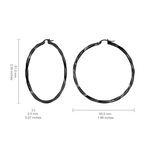 Hoops & Loops 925 Sterling Silver Twisted Hoop Earrings for Women - Hypoallergenic 14K Gold, Rose Gold, Black Flash Plated 2mm Thin Twist Design Round Click-Top Hoops, 15/20/25/30/35/40/50/60mm - color: Black-50mm(1.96inch)