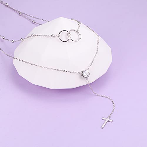FLYOW Layered Necklace S925 Sterling Silver Y Shaped Jewelry - style: Two Circles Cross Style