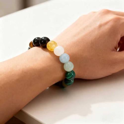 Natural Stone Beaded Bracelet for Men Women, Malachite Tiger Eye Obsidian Elastic Stretch Bracelet for Wealth & Energy - color: White-yellow