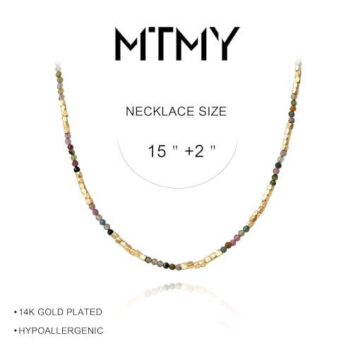 MTMY Beaded Gemstone Choker Necklace for Women | 14K Gold Plated, Colorful Natural Stone, Bead Chain, Boho Summer Beach, Handmade Jewelry - color: Tourmaline
