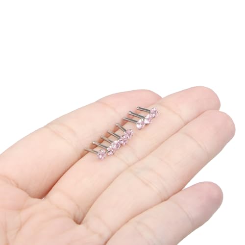 Hypoallergenic Nose Rings Studs 18G & 20G Surgical Steel Nose Studs L Shaped Nostril Piercing Jewelry with Pink Cubic Zirconia for Women & Men - color: 18g,Straight,pink crystal