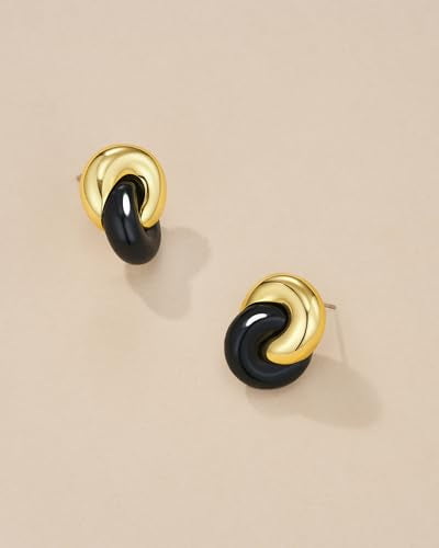 Small Twist Interlock Chunky 18K gold plated Gemstone Natural Stone (Brown, Green, Pink, White) Statement Earrings for Women by SNGIA, Dainty Love Knot Tiger Eye Amber Jade Tourmaline Bold Handmade Exaggerated Dome Retro Rounded Button Half Ball Trendy Bo