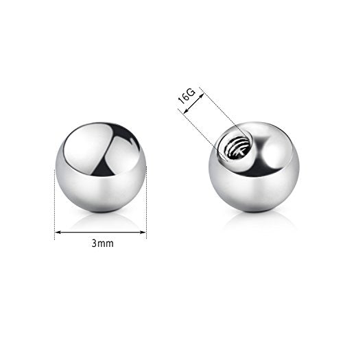 vcmart 16G 3mm Replacement Balls & 14G 5mm Piercing Balls Externally Threaded Nipple Industrial Tongue Belly Nose Lip Ear Piercing Barbell Parts - color: 1 -16G, 3mm balls, silver 10pcs