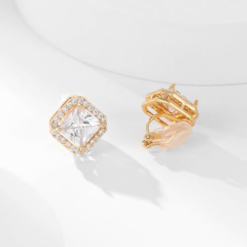 Clip On Earrings for Women Halo Clip-on Non-pierced Earrings Gold Plated Small CZ Studs Dainty Jewelry - color: Square