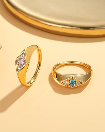 YeGieonr Gold Rings for Women Non Tarnish, 18K Gold Plated Stainless Steel North Star Signet Ring, Waterproof Dainty Pinky Statement Ring, Tarnish Free Gold Jewelry for Women - color: Rhombus Blue