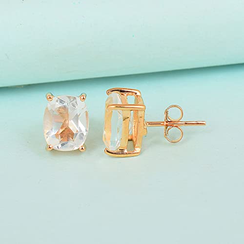 Women's 18K Gold Plated 8x10mm Princess Cut Gemstone Stud Earrings – Birthstone Jewelry for Her – Classic Cushion Studs - color: White Quartz