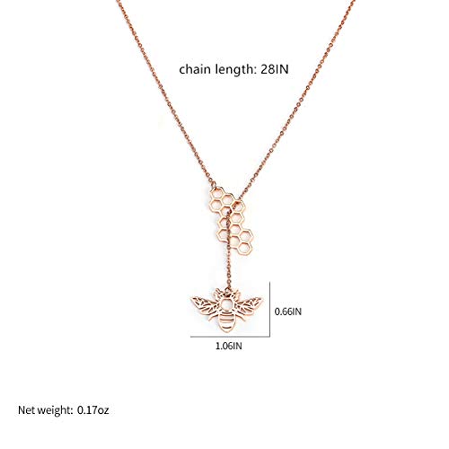 18K Gold Plated Stainless Steel Bee Honeycomb Pendant Necklace, Adjustable Y Lariat Conch/Guitar/Horseshoe Necklace for Women - color: Rose Gold, style: Bee