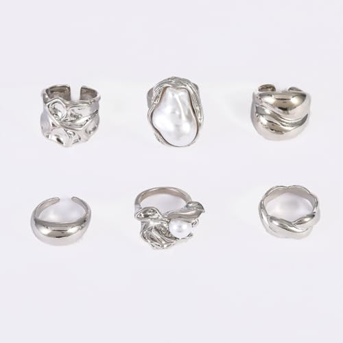 Chunky Gold Stackable Rings Set for Women Pearl Flower Rings Sets Dainty Carved Signet Joint Finger Midi Rings Pack Adjustable Chunky Knuckle Ring Statement Stacking Ring Pack - color: D-Silver-6Pcs