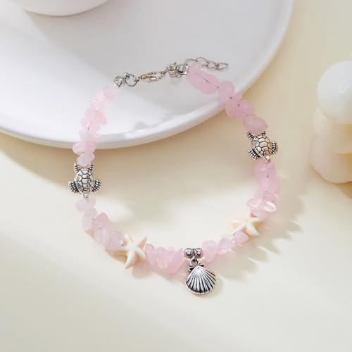 Boho Silver Shell Turtle Star Anklet for Women Adjustable Pink irregular Stone Foot Chain Daily Wear Coastal Summer Vacation Beachy Surfer Hawaiian Neck Jewelry