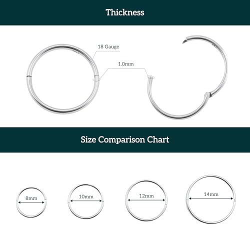 925 Sterling Silver Seamless Sleeper Hoop Clicker Earrings - Hypoallergenic 18G Hinged Hoops for Continuous Wear (8mm to 14mm) - Unisex Women Men Body Jewelry for Ears - size: 5/16" - 8mm