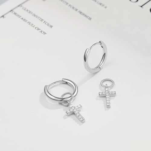 DAILY VIBES Cute Butterfly Star Cross Heart CZ Dangle Earrings for Women | 925 Sterling Silver Post, 14K Gold or Silver Plated, Mini Cubic Zirconia Dainty Drop, Cartilage Small Huggie Hoop Earrings - color: Silver Cross CZ
