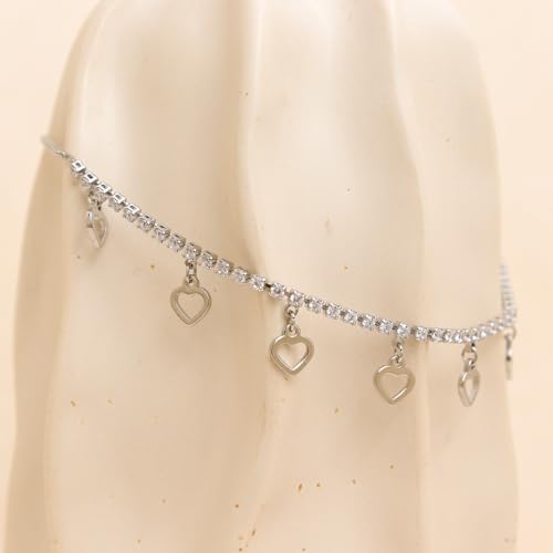 Silver Heart Charm Link Anklet for Women, Adjustable Handmade Cubic Zirconia Stackable Waterproof Summer Beach Chain Anklets Jewelry Accessories Gift - color: Silver Hollowed Heart