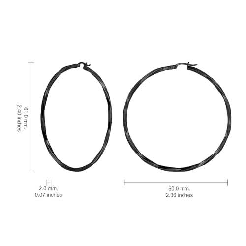 Hoops & Loops 925 Sterling Silver Twisted Hoop Earrings for Women - Hypoallergenic 14K Gold, Rose Gold, Black Flash Plated 2mm Thin Twist Design Round Click-Top Hoops, 15/20/25/30/35/40/50/60mm - color: Black-60mm(2.36 inch)