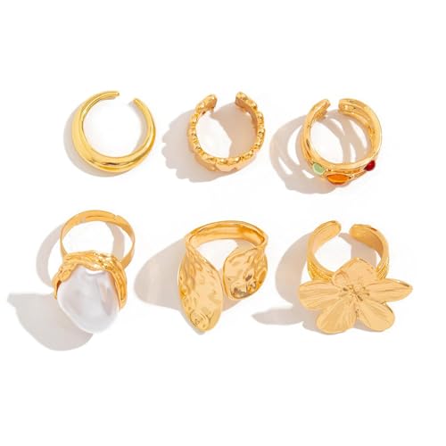 Chunky Gold Rings Set for Women Trendy Statement Flower Knuckle Ring Baroque Pearl Stack Ring Wrinkled Prom Outfits Accessories - color: Gold